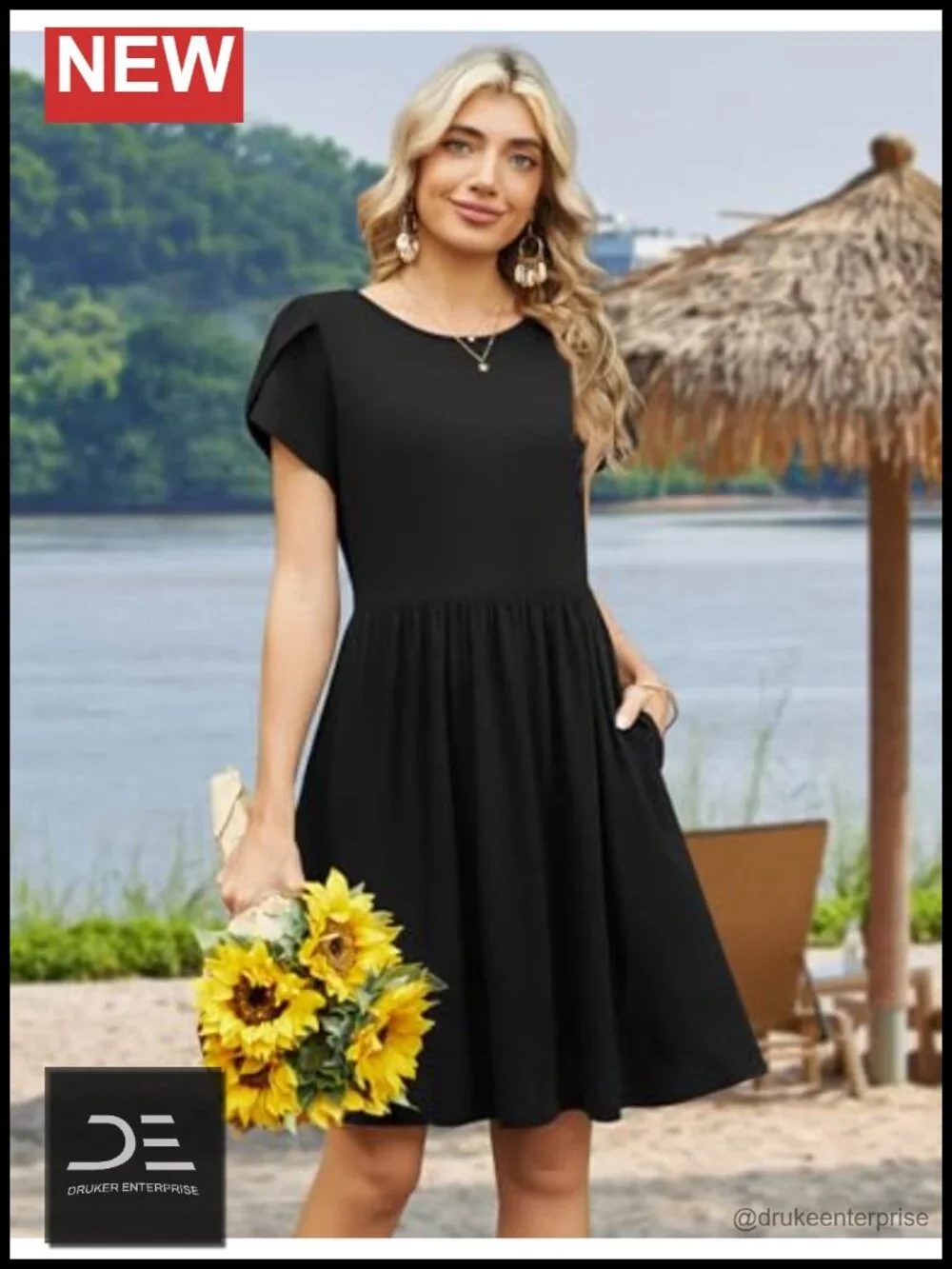 Short Sleeve A-Line Mini Swing Dress with Pockets